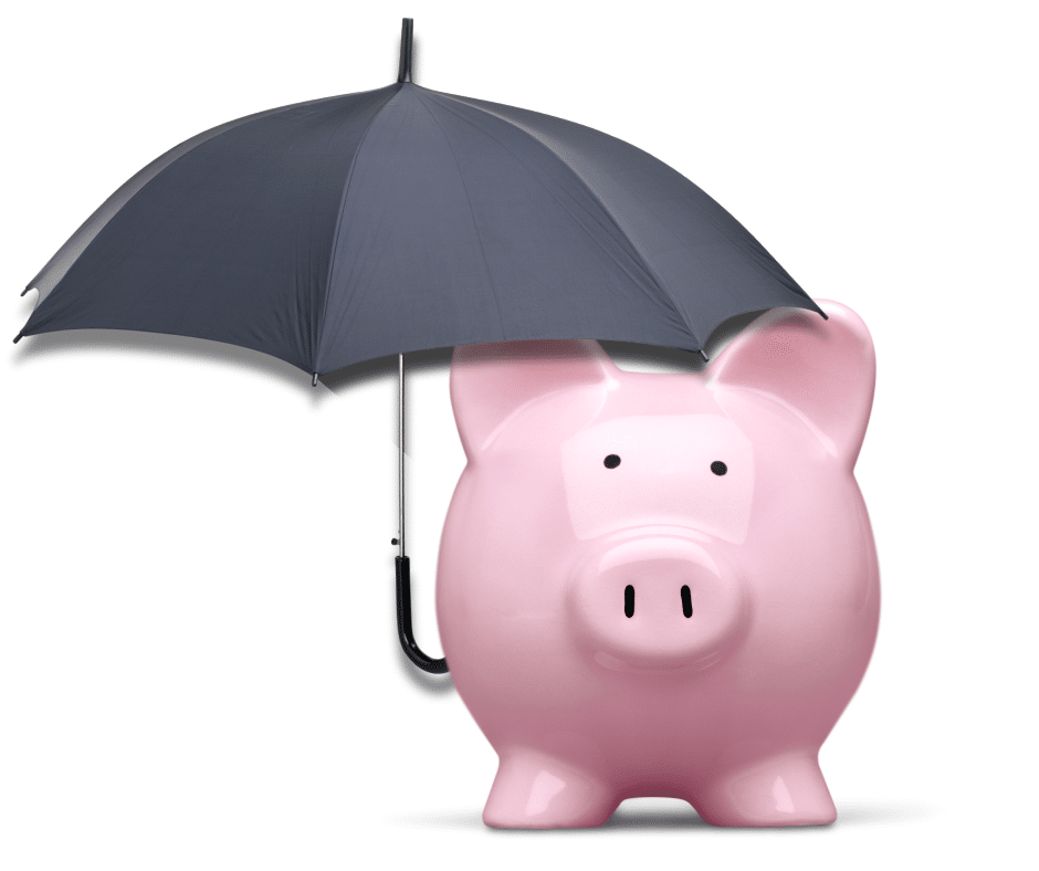 Pink piggy bank protected by a large black umbrella on a white background, symbolising income protection and financial security.