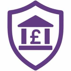 Purple shield with a bank building and pound symbol