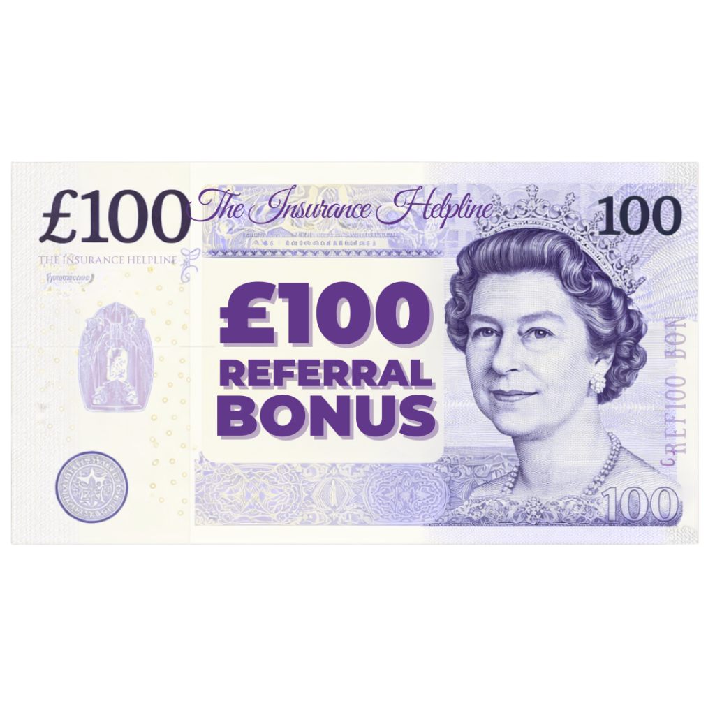 £100 Referral Bonus Graphic, purple text on £100 note